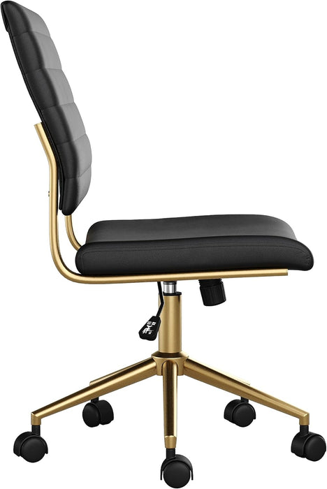 Ivy Armless Swivel Task Chair for Home Office in Black Faux Leather with Polished Brass Frame
