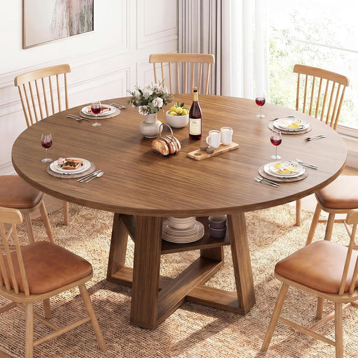 Extendable round Dining Table for 4-8, Modern Kitchen Oval Dinner Table with Storage Shelf, Wood Pedestal Table, Space Saving Modern Style, Brown