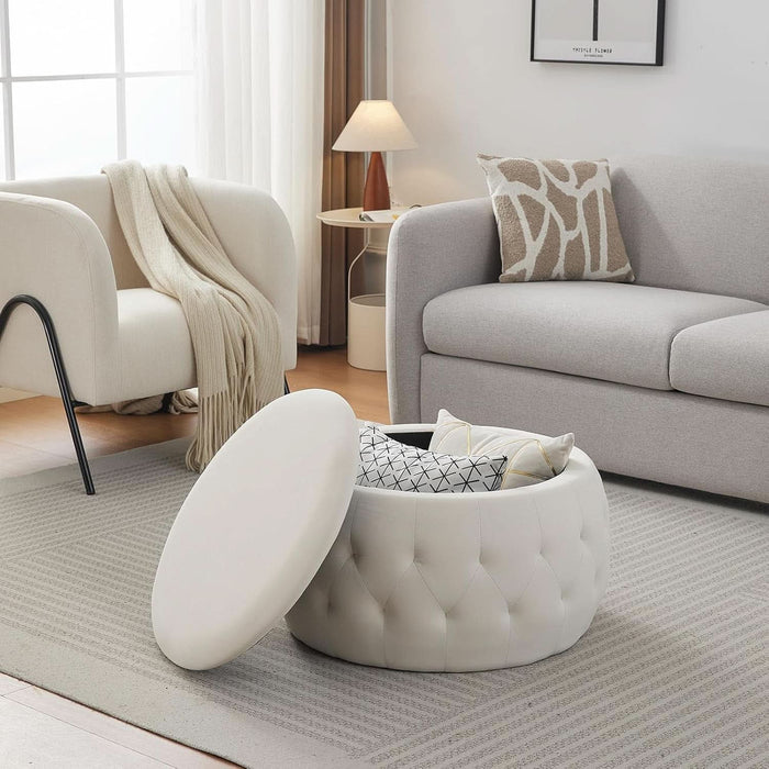 25 Inches Large round Storage Ottoman, Modern Upholstered Ottoman Coffee Table, Soft Velvet Surface, for Living Room, Bedroom, Classic Tufting, Cream