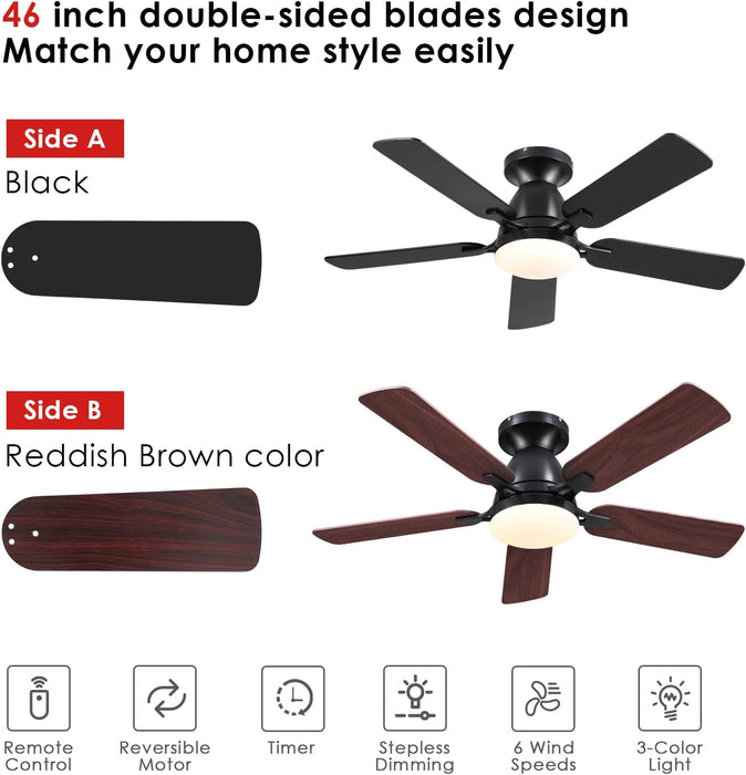 Ceiling Fans with Lights- 46" RGB Low Profile Indoor Ceiling Fan with Light and Remote/App Control, Flush Mount, LED Dimmable DC Reversible Modern Ceiling Fan for Bedroom（Black