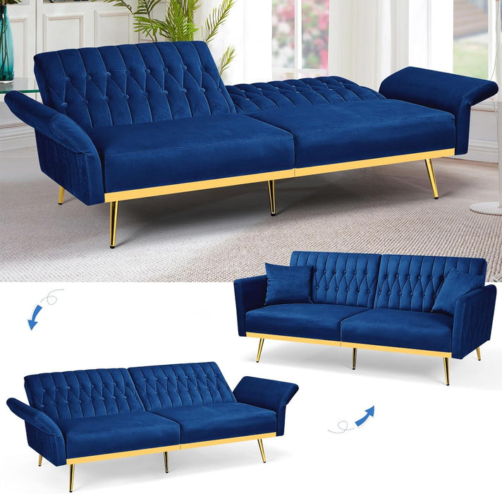 2 Pieces Velvet Futon Sofa Set with Adjustable Backrests and Armrests, 70” Convertible Sofa Bed & Tufted Accent Chair with Ottoman for Living Room, Blue