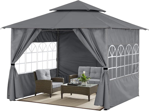 10X12 Outdoor Gazebo - Patio Screened Gazebo with Curtains and Windows for Deck, Lawn and Backyard (Dark Gray)