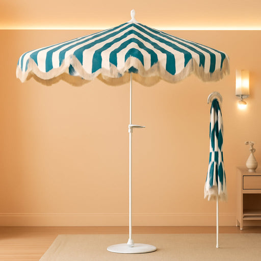 Beverly 9 Ft. Coastal Green and White Striped Half Patio Umbrella with Scalloped Fringe, Crank Lift, and Manual Tilt for Balcony, White Pole UMB1201L