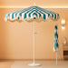 Beverly 9 Ft. Coastal Green and White Striped Half Patio Umbrella with Scalloped Fringe, Crank Lift, and Manual Tilt for Balcony, White Pole UMB1201L