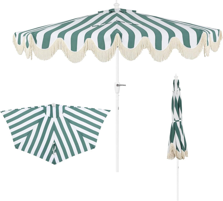 Beverly 9 Ft. Coastal Green and White Striped Half Patio Umbrella with Scalloped Fringe, Crank Lift, and Manual Tilt for Balcony, White Pole UMB1201L