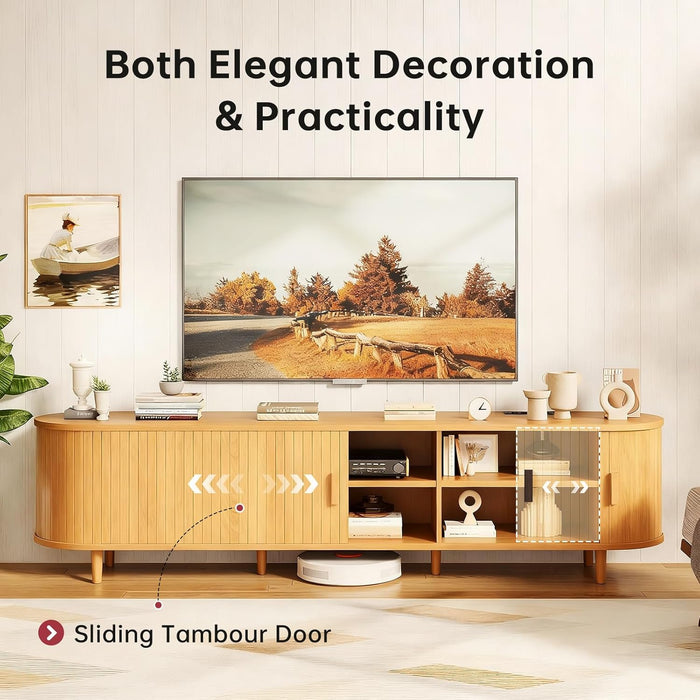 70" Mid Century Modern TV Stand, Wood TV Consoles with Sliding Doors and Power Outlet, Entertainment Center with Adjustable Shelves, Fluted TV Stands for Living Room, Oak