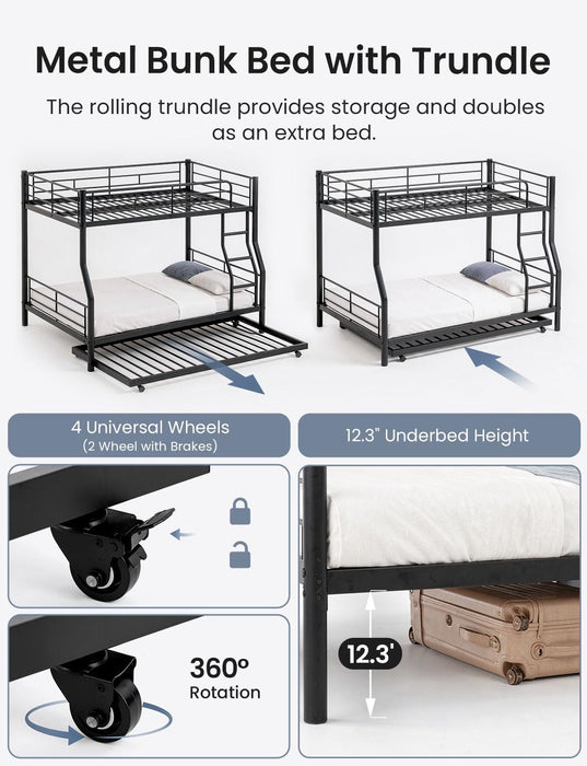 FullXL QueenSize BunkBed Trundle HeavyDuty NoBoxSpring Black