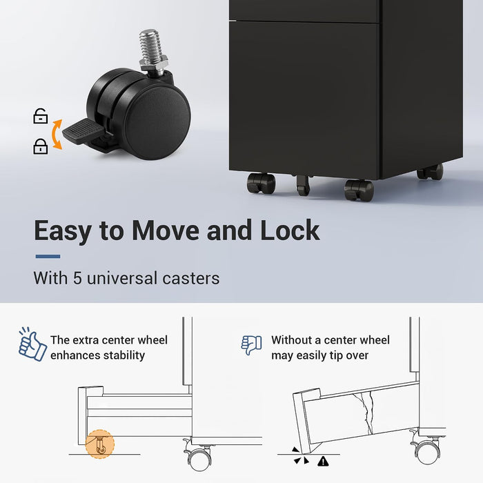 3 Drawer File Cabinet with Lock, Fully Assembled except Casters