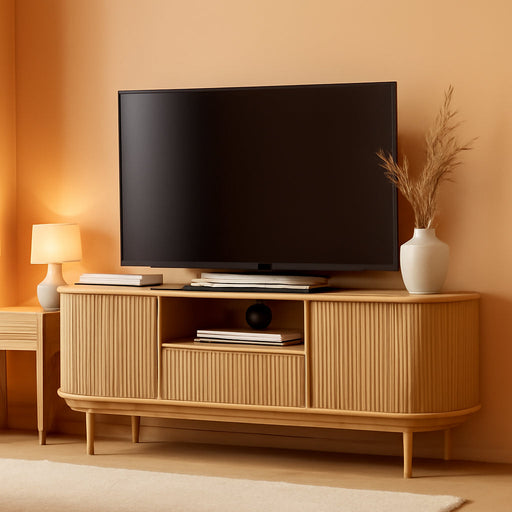 63" Tambour TV Stand, Fluted TV Stand for Tvs up to 70'', Modern Entertainment Center with Storage, Wood Media Console with Sliding Doors for Living Room, Natural