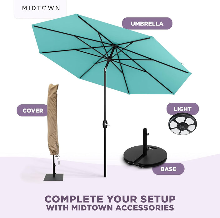 - the Lean 10 Ft Patio Umbrella with Fade-Resistant Sunbrella Fabric, Auto-Tilt Aluminum Frame and 8 Reinforced Ribs for Deck, Pool & Garden - Canvas Glacier Canopy, Black Pole