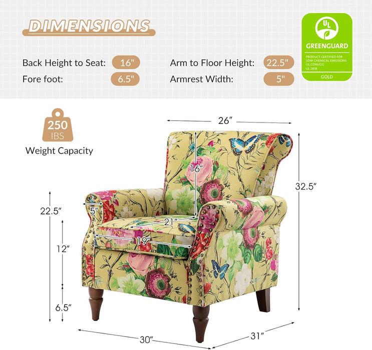 Modern Wingback Accent Chair with Wood Legs & Removable Cushion, Comfy Upholstered Armchair with Nailhead Trim, Floral Pattern Single Sofa Chair for Living Room Bedroom, Mustard