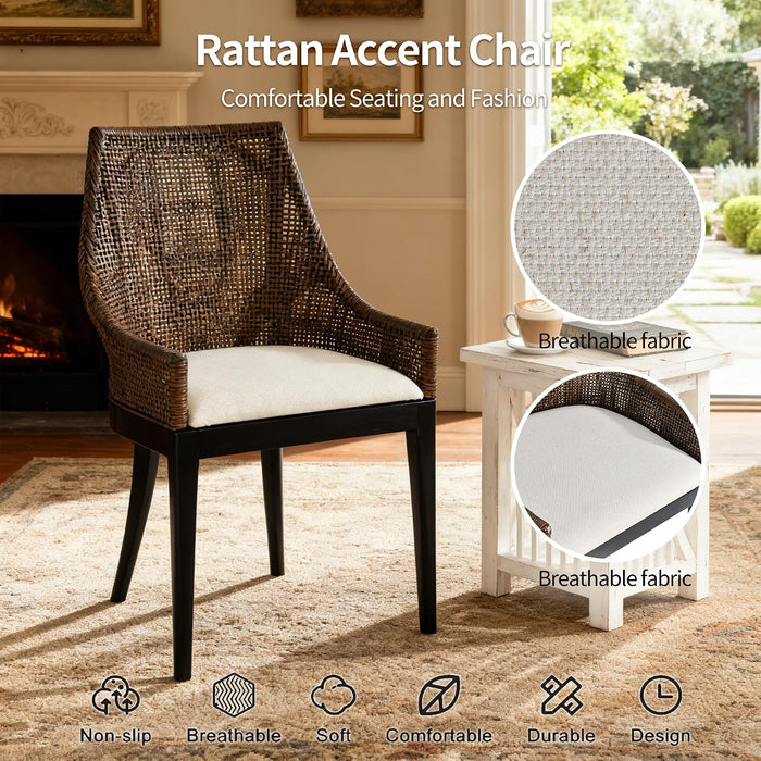 Natural Cane Mesh Rattan Accent Chair, Tropical Coastal Woven Back Armchair with Beige Fabric Cushion & Black Tapered Wood Legs, Ergonomic Comfort for Living Room Bedroom