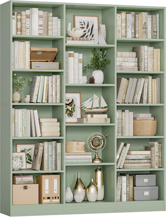 Triple Wide Bookshelf, 6 Tier Large Bookshelf, Bookcase with 17 Open Display Shelves, 74'' Tall Bookcases and Bookshelves for Living Room, Home Office, Library, Green