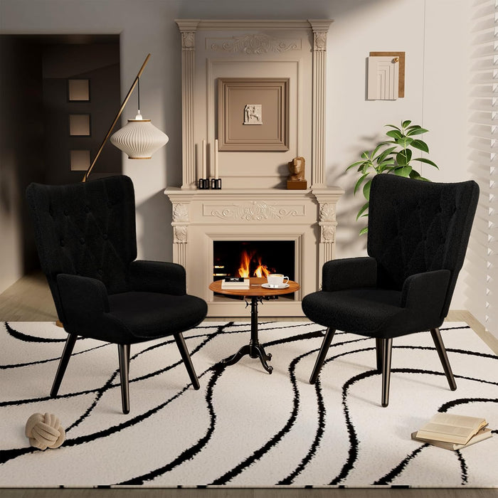 Black Plush Upholstered Wingback Armchair Mid Century