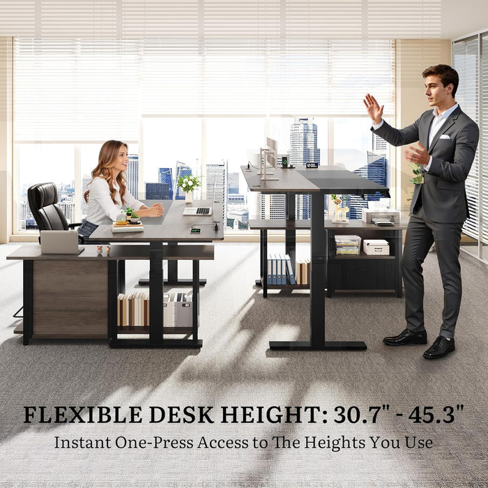 L Shaped Standing Desk with Power Outlets, 70.1" Electric Standing Desk Adjustable Height Sit Stand Corner Standing Desks Executive Desk with Drawers & Shelves, Grey + Black
