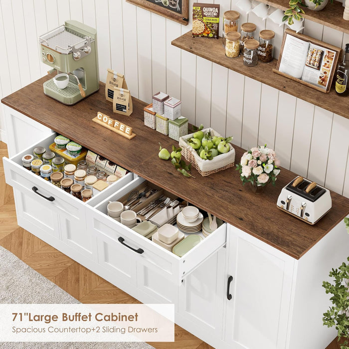 71” Large Buffet Cabinet with Storage, Sideboard Buffet Cabinet with Adjustable Shelves and 6 Soft-Close Doors, Wood Coffee Bar Console Table for Kitchen, Dining Room, White | 6 Soft-Close Doors, Sideboard Wood Coffee Bar Console Table for Kitchen, Dining Room (White)