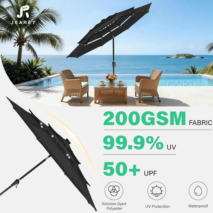 9 Ft 3-Tier Outdoor LED Lighted Patio Umbrella W/Crank, Black