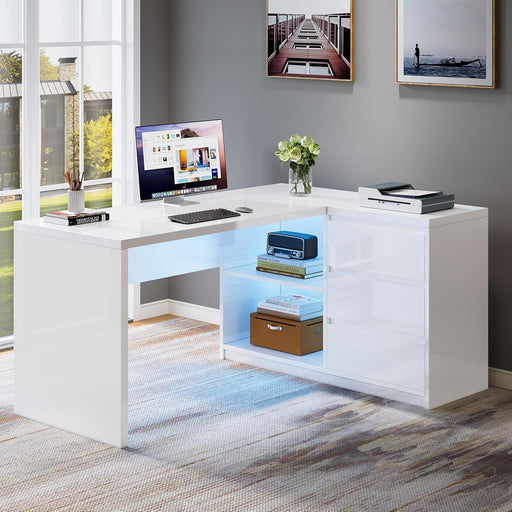 White L-Shaped Computer Desk with 3 Drawers, 55-Inch Modern Gloss Corner Home Office Executive Desk with LED Lights and 2 Storage Shelves for Work Study Writing