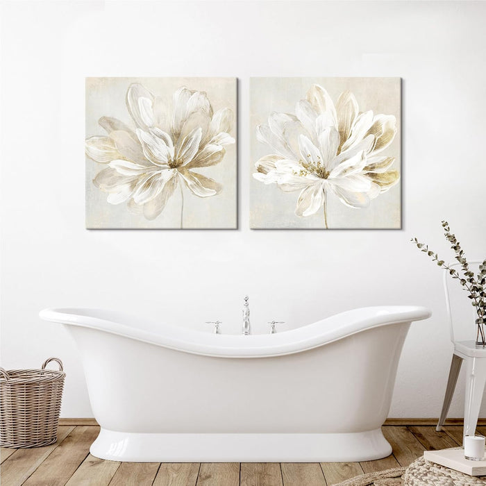 2 Pcs Beige and Gold Flower Wall Art Blooming Flower Abstract Floral Artwork Canvas Print Poster for Living Room Bedroom Office Wall Decor 24"X24"