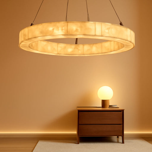 Alabaster round Chandelier, 31.5In Spanish Natural Marble Pendant Light, Dimmable 3-Color Modern Marble Chandelier for Dining Room, Living Room, Bedroom, Bathroom & Foyer