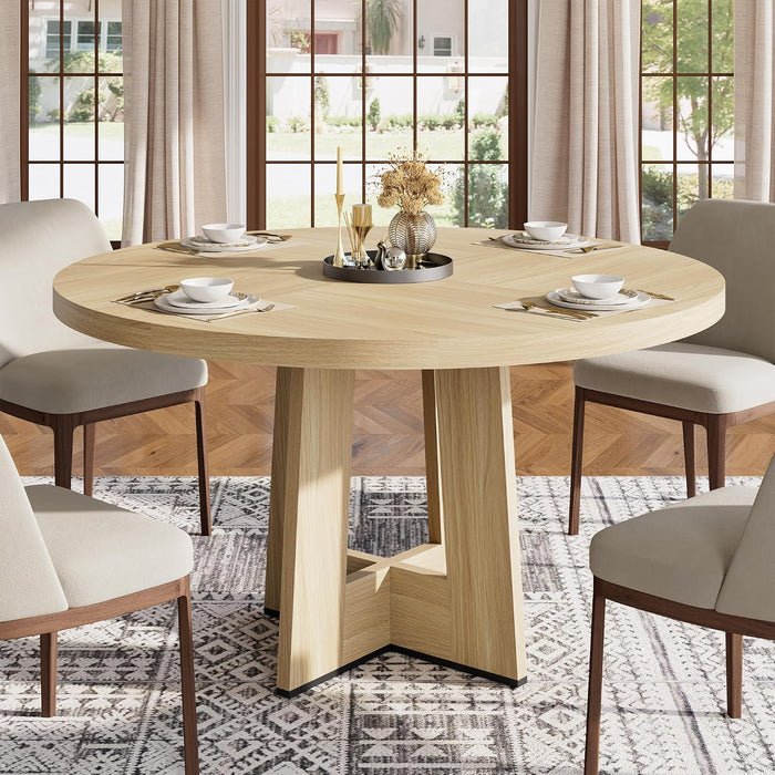 47" round Dining Table for 4-6 People - Circle Kitchen Dinner Table with Sturdy Pedestal Base, Space Saving Dinning Room Furniture for Living Room, Kitchen, Apartment, Natural