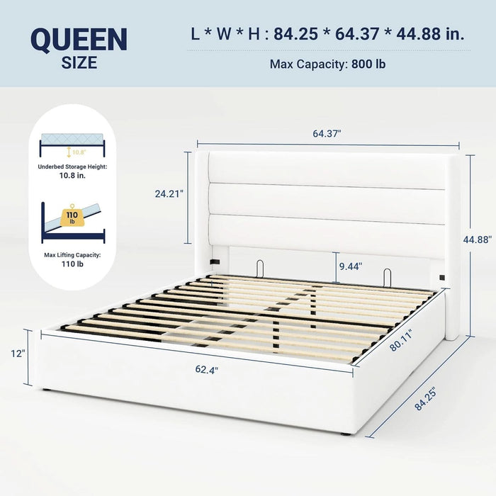 Queen Size Velvet Lift up Storage Bed, Modern Wingback Headboard, Hydraulic Support, No Box Spring Needed, White