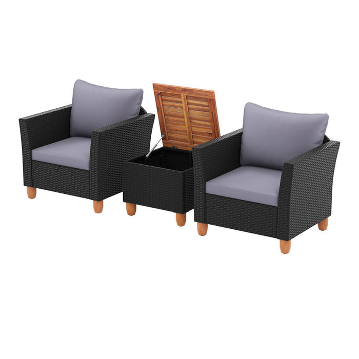 3 Pieces Patio Wicker Furniture Set with Cushions and Acacia Wood Coffee Table Outdoor