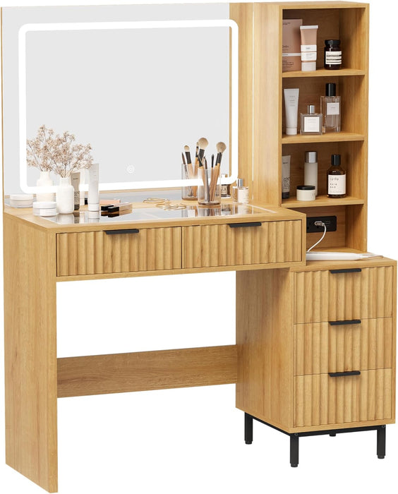 Fluted Makeup Vanity Desk with 31.5" HD Lighted Mirror, Modern Dressing Table with 5 Drawers, Shelves and Glass Top for Bedroom, Natural Oak