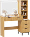Fluted Makeup Vanity Desk with 31.5" HD Lighted Mirror, Modern Dressing Table with 5 Drawers, Shelves and Glass Top for Bedroom, Natural Oak