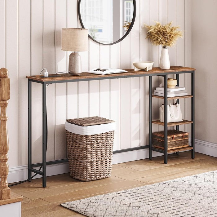 Console Table with Power Outlet, 63" behind Sofa Table with Shelves, Narrow Entryway Table with Storage, Couch Table for Living Room, Hallway, Rustic Brown and Black BF164UXG01