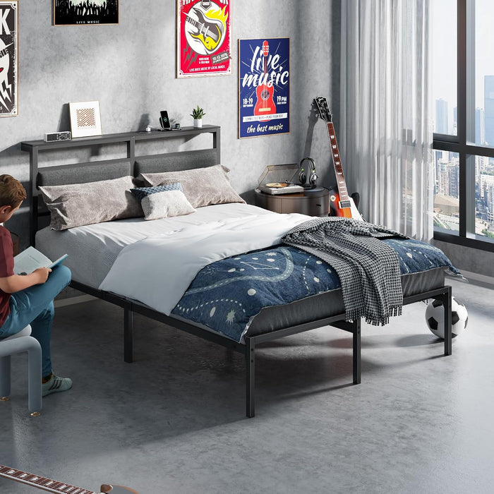 Full Size Bed Frame with LED Lights & Charging, Black Platform Bed