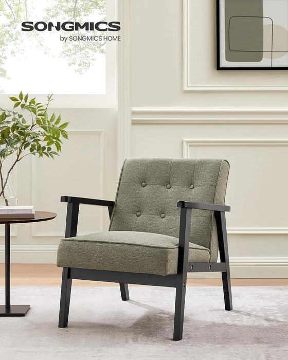 Accent Leisure Chair, Mid-Century Modern Arm Chair with Solid Wood Armrests and Legs, 1-Seat Cushioned Sofa for Living Room Bedroom Balcony Studio, Olive Green ULAC001C01