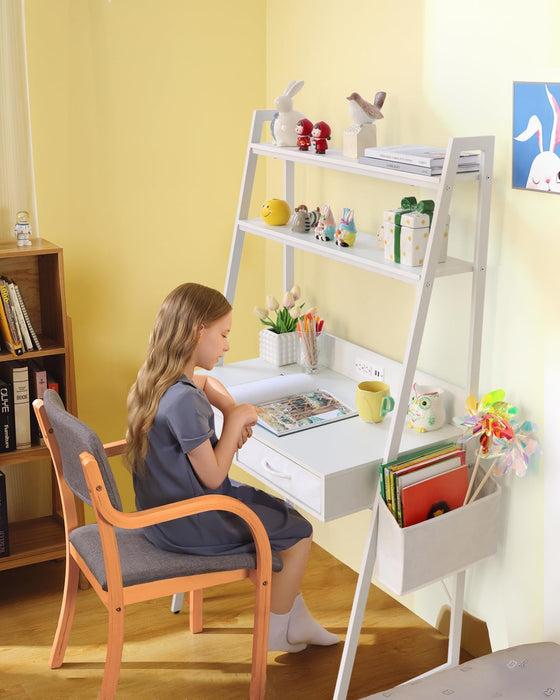 Freestanding Ladder Desks with Power Outlets, Small Home Office Study Reading Desks with 2 Fabric Drawers and Side Bag, Computer Gaming Desk Modern Vanity Dressing Makeup Desk (Elegant White, Ladder)