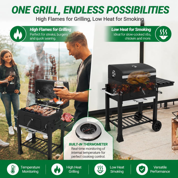 Charcoal Grill Outdoor BBQ Smoker with Height-Adjustable Charcoal Pan Crank Handle, Large Barrel Barbecue Grill with Front Access Door, Foldable Side Table & Removable Ash Tray for Backyard Garden