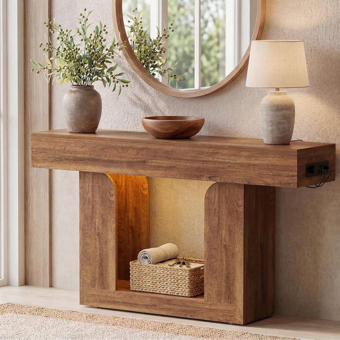 Console Table, 47" Entryway Table with LED Lights & Charging Station, Farmhouse Wooden Sofa Table behind Couch, Narrow Hallway Table for Living Room, Foyer, Entry, Rustic Oak
