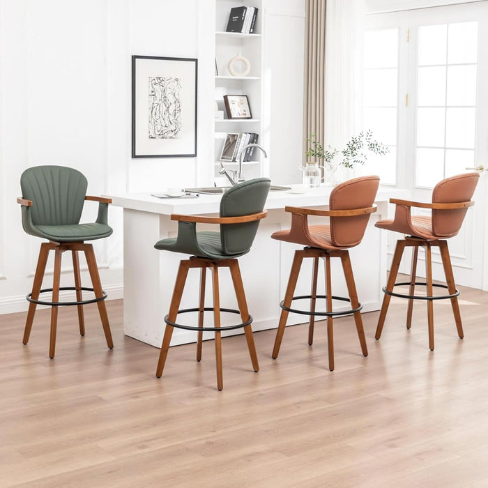 26” Counter Height Stools Set of 2,Mid Century Modern Bar Stools,Green PU Leather Kitchen Island Stool,Wood High Barstools Swivel with Back and Arms for Home Bar Furniture