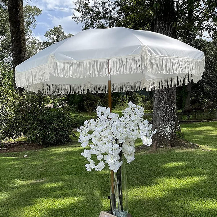 7Ft Patio Umbrella with Fringe Outdoor Tassel Umbrella UPF50+ Premium Steel Pole and Ribs Push Button Tilt, White Cream