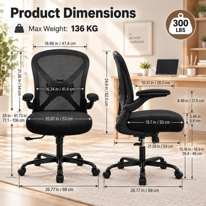 Ergonomic Office Chair with 90° Flip-Up Armrests and Adjustable Lumbar Support, Mid-Back Breathable Mesh Home Office Chair with 3.15” Thick Seat Cushion, 300Lbs Weight Capacity, 1PC, Black