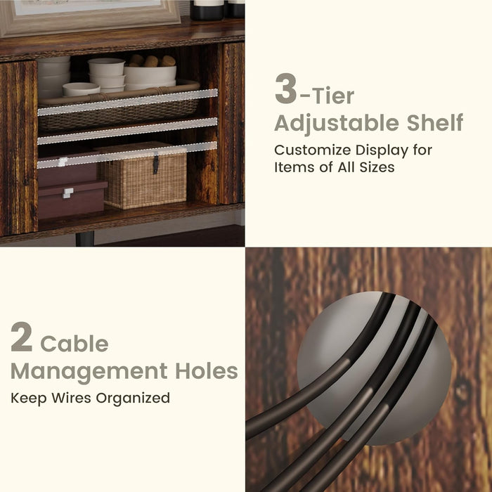 63'' Fluted TV Stand for 70 Inch TV, Modern Entertainment Center with Sliding Doors & Storage Cabinet, Mid Century Media TV Console for Living Room, Brown