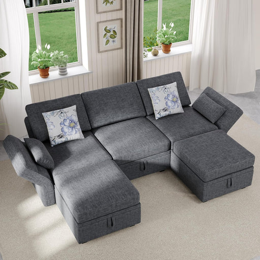 Modular Sectional Sofa, 5 Seats Chenille Sofa Set for Living Room, Convertible U Shaped Sectional Couch with Lagre Storage Ottoman, Sleeper Sofa for Office, Dark Gray