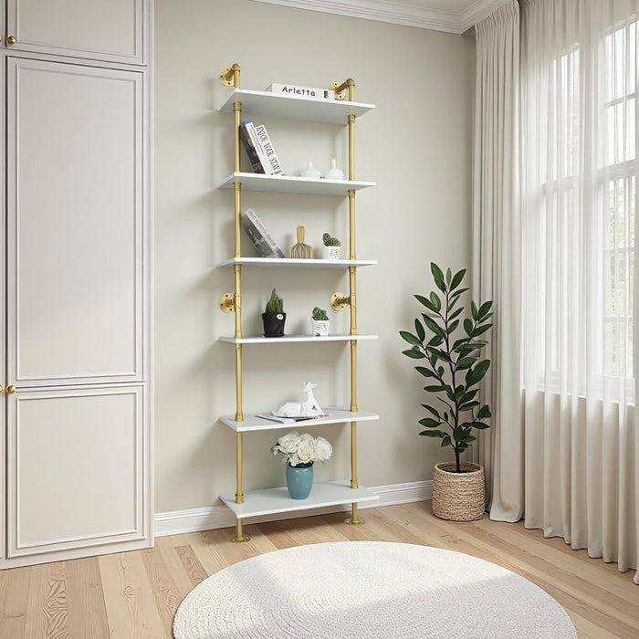Industrial Gold Bookshelf-6 Tier Wall Mounted Ladder Bookshelf, Rustic Gold Storage Book Shelves Display Bookcases for Living Room/Home/Office