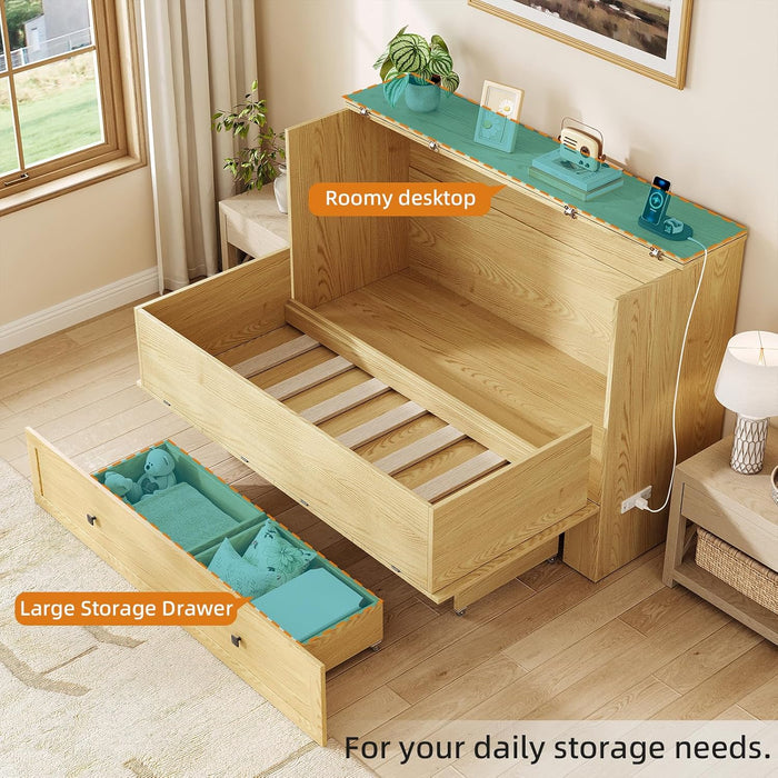 Murphy Bed Queen with Storage & Charging Station, Murphy Cabinet with Foldable Panel, Noisy Free, for Guest Bedroom, Living Room, Office, Distressed,Natural
