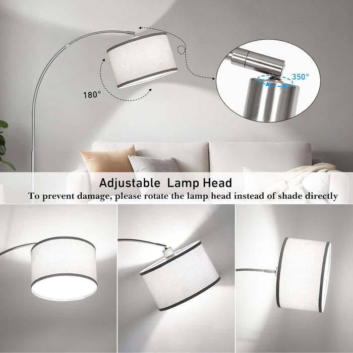 Silver Arc Floor Lamp for Living Room, Modern Standing Lamp with Adjustable Head Tall Pole Lamp with On/Off Pedal Switch over Couch Arched Tall Standing Light for Reading Bedroom 8W LED Bulb Included