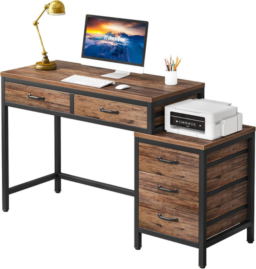 Computer Desk with 5 Drawers, Home Office Desks with Reversible Drawer Cabinet Printer Stand, Industrial PC Desk with Storage, Rustic Study Writing Table Workstation for Small Spaces