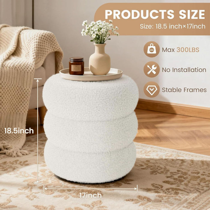 round Ottoman with Storage, Plush Teddy Boucle Footstool for Living Room, Soft Vanity Stool with Hidden Compartment, Circular Foot Rest for Bedroom & Dorm Decor, White