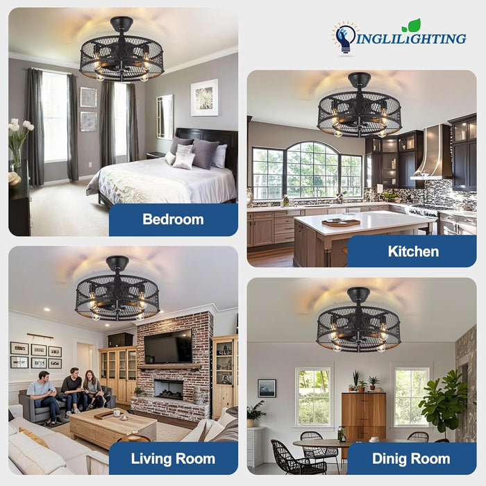 DLLT Caged Ceiling Fan with Light: 20" Farmhouse Fandelier with Lights and Remote & APP - Black Rustic Semi Flush Mount Bladeless Ceiling Fans Enclosed Fan for Bedroon Kitchen Living Dining Room