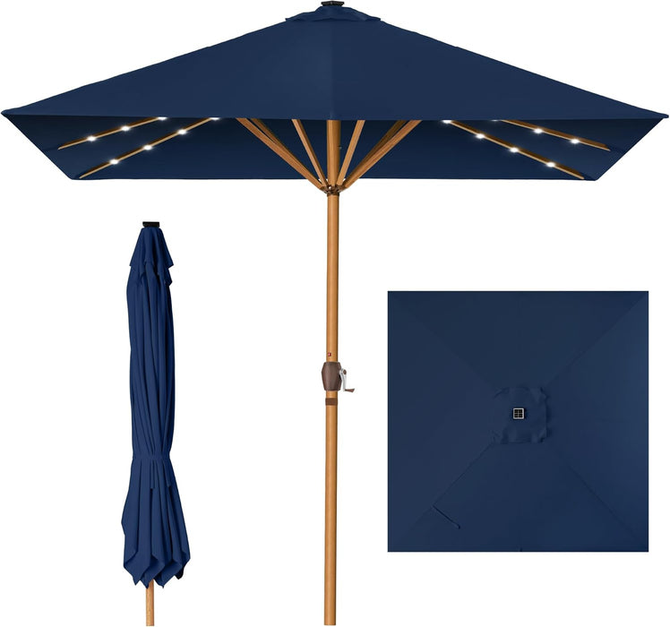 Best Choice Products 9Ft Deep Square Solar Powered LED Lighted Patio Umbrella W/Woodgrain Pattern, Uv-Resistant Fabric, Hand Crank - Navy Blue