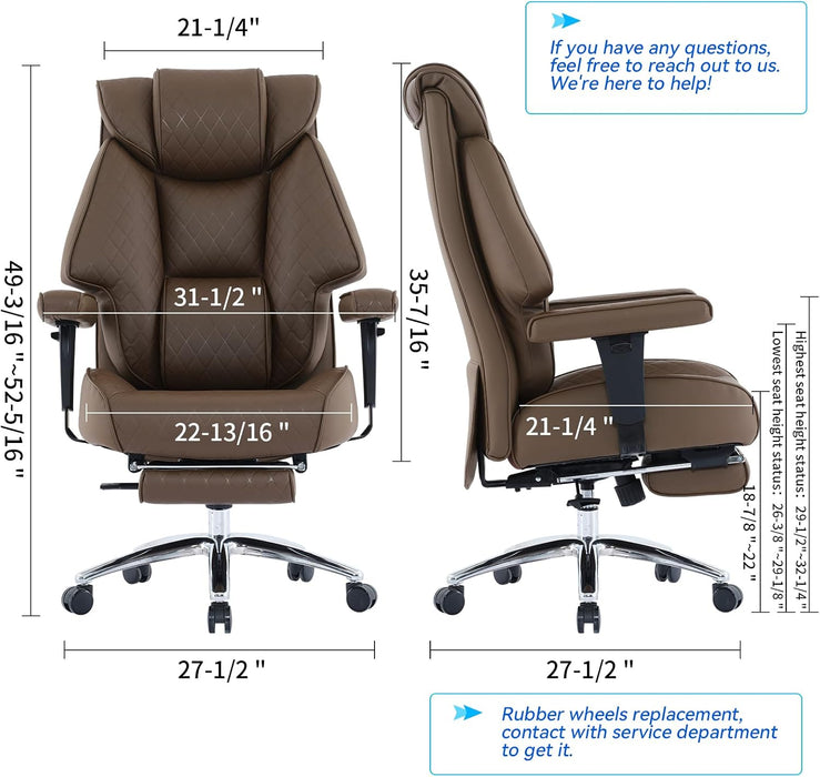 Big and Tall Office Chair with Footrest, PU Leather High Back Executive Office Chair 400Lbs, Ergonomic Computer Chairs Lumbar Support for Heavy People (Brown)