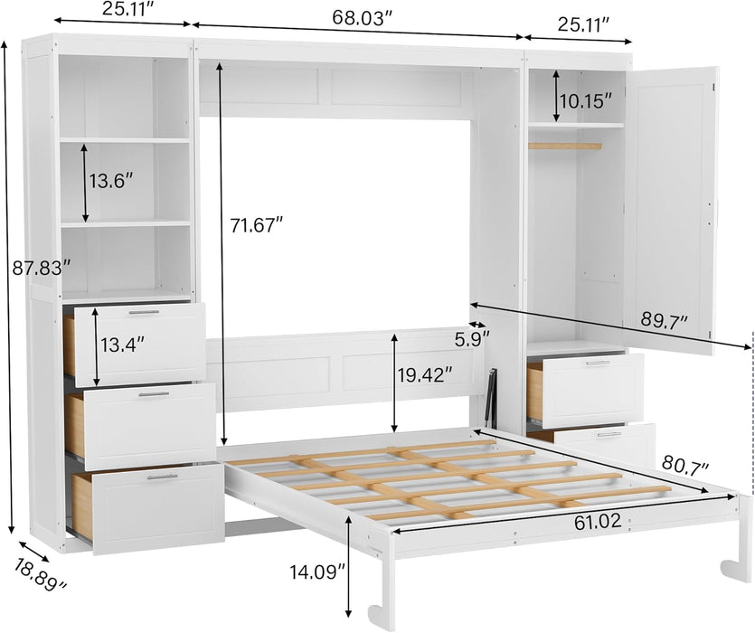 Queen Size Murphy Bed with Wardrobe and Storage Drawers & Storage Shelf,Wall Bed Frame Folding into Cabinet Design for Small Space,Bedroom,Guest Room,White