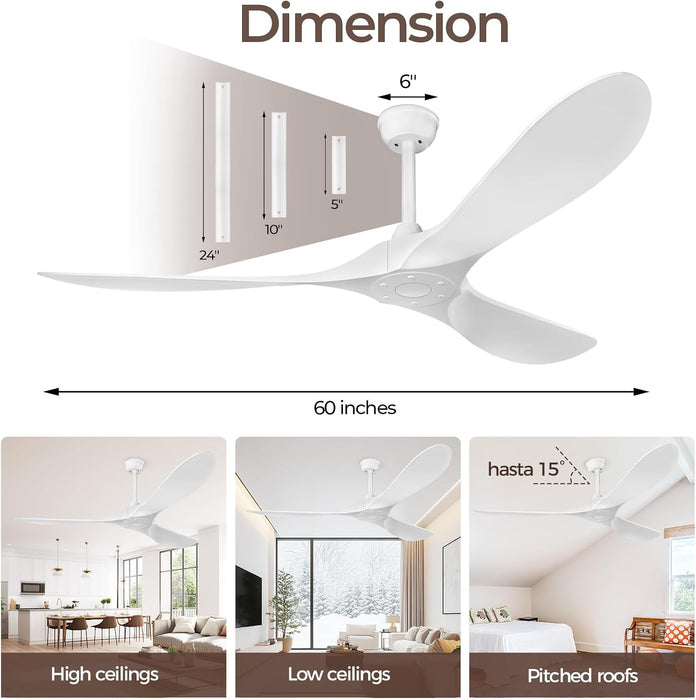 60 Inch Ceiling Fan without Lights, White | Outdoor Ceiling Fan with Remote, 6-Speed Adjustable Reversible DC Motor for Patio & Living Room